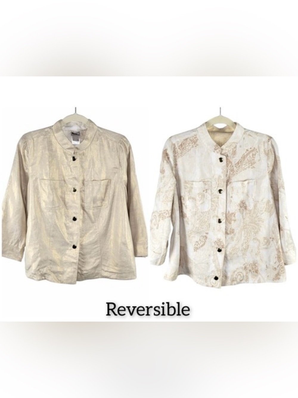NEW Chico's 100% Linen Jacket Reversible Gold Tan Metallic Paisley Print Sz 3/XL